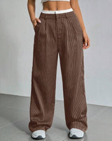 High-Waisted Pinstripe Wide-Leg Trousers with Layered Waistband