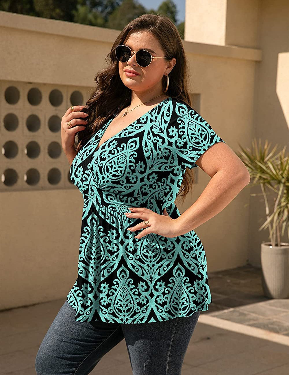 Women's Plus Size Floral Short Sleeve Wrap V-Neck Flowy Top