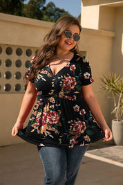Women's Plus Size Floral Short Sleeve Wrap V-Neck Flowy Top