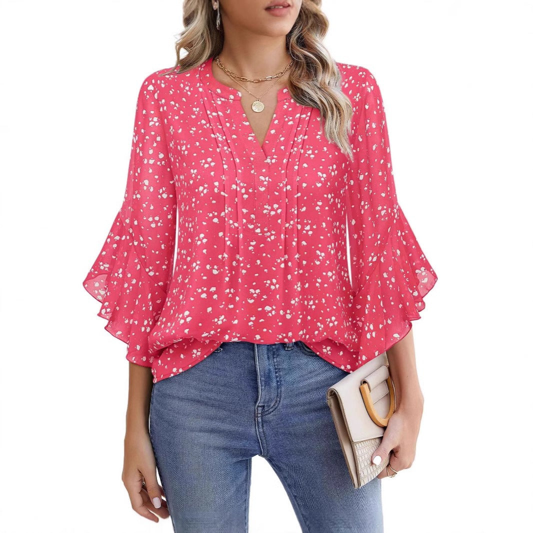 Women’s V-Neck Printed Chiffon Ruffle Sleeve Blouse