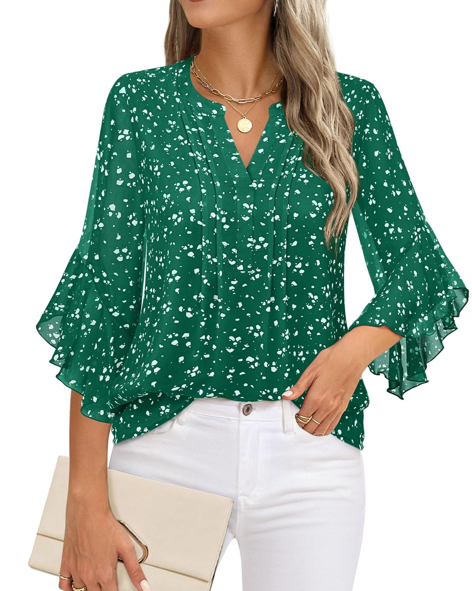 Women’s V-Neck Printed Chiffon Ruffle Sleeve Blouse