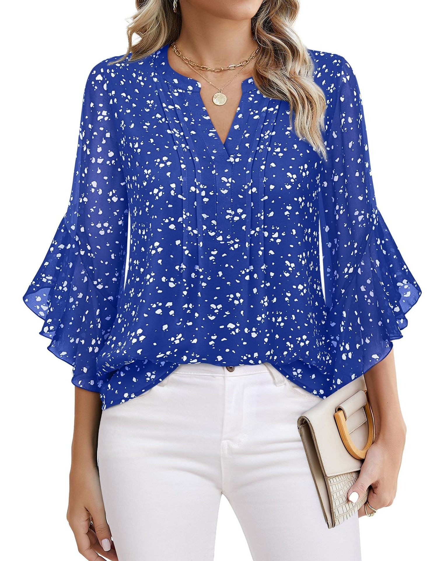 Women’s V-Neck Printed Chiffon Ruffle Sleeve Blouse
