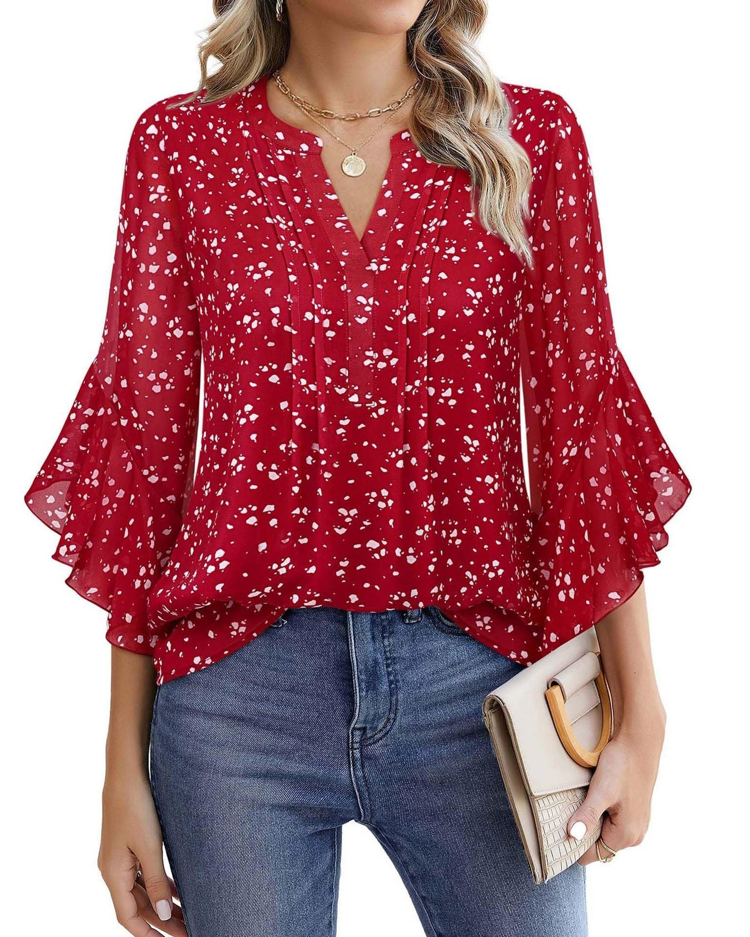 Women’s V-Neck Printed Chiffon Ruffle Sleeve Blouse