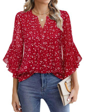 Women’s V-Neck Printed Chiffon Ruffle Sleeve Blouse