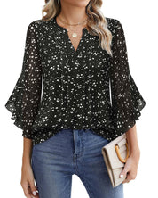 Women’s V-Neck Printed Chiffon Ruffle Sleeve Blouse