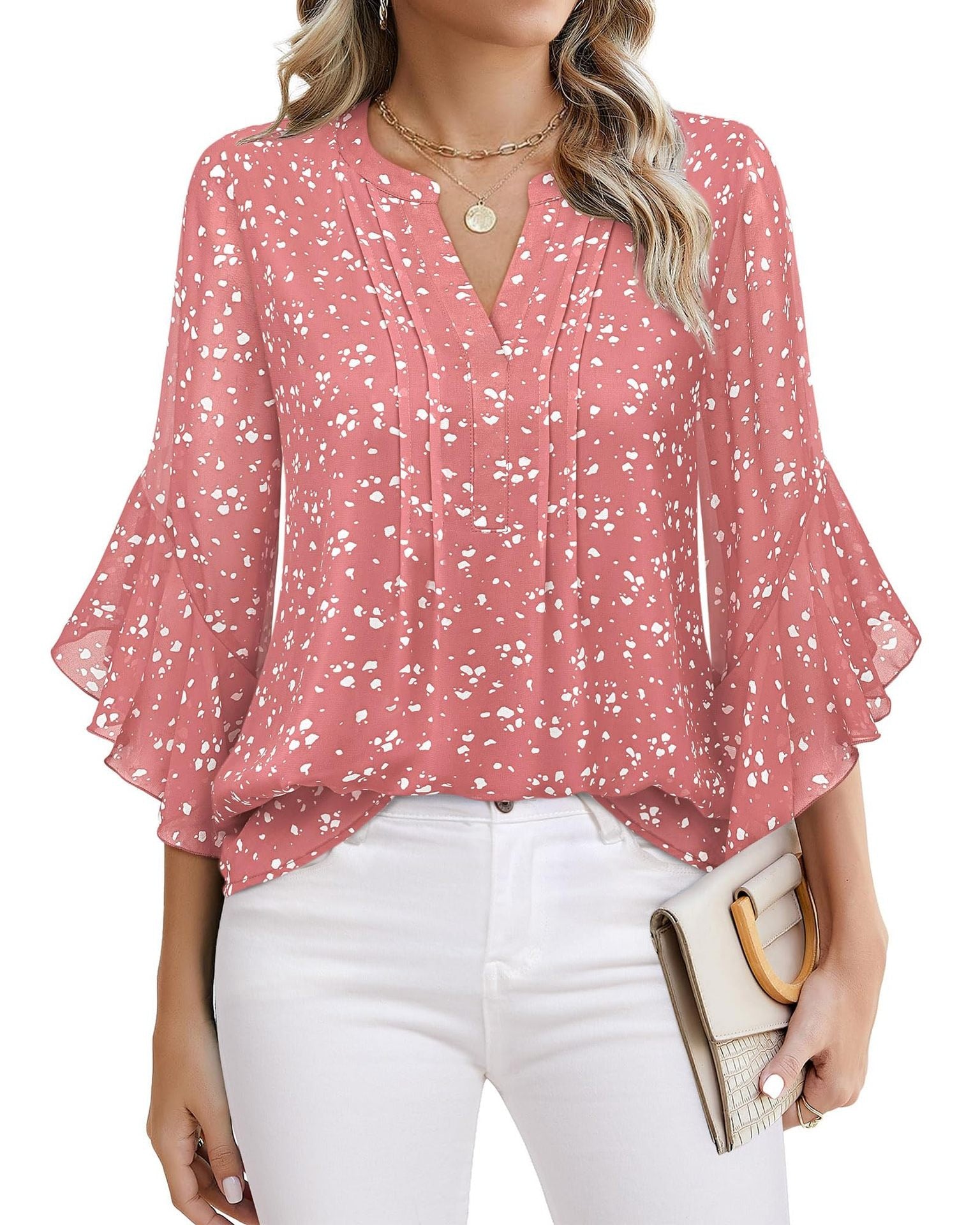 Women’s V-Neck Printed Chiffon Ruffle Sleeve Blouse