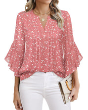 Women’s V-Neck Printed Chiffon Ruffle Sleeve Blouse
