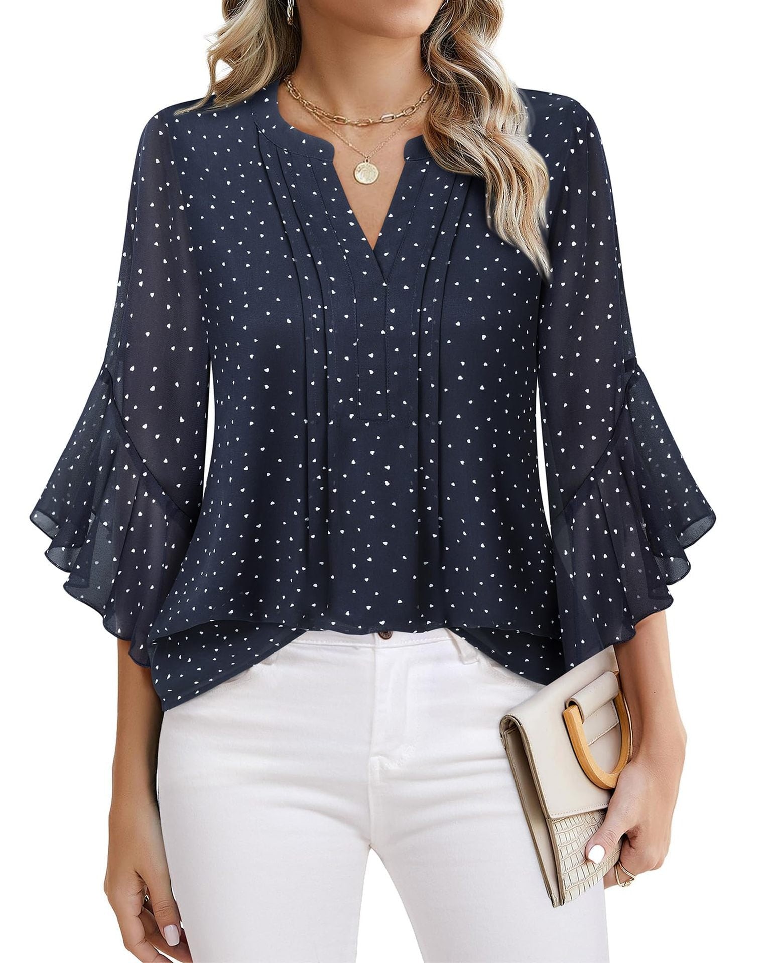 Women’s V-Neck Printed Chiffon Ruffle Sleeve Blouse