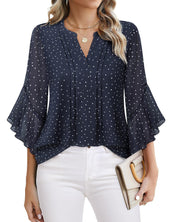 Women’s V-Neck Printed Chiffon Ruffle Sleeve Blouse