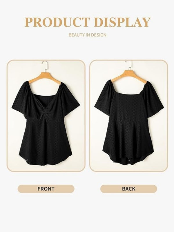Twist Front V Neck Eyelet Embroidery Loose Blouse