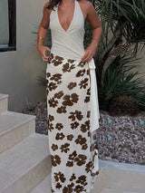 V-Neck Printed Patchwork Maxi Skirt