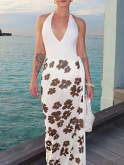 V-Neck Printed Patchwork Maxi Skirt