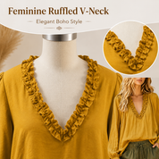 Women’s Boho Linen Blend Ruffled V-Neck Blouse