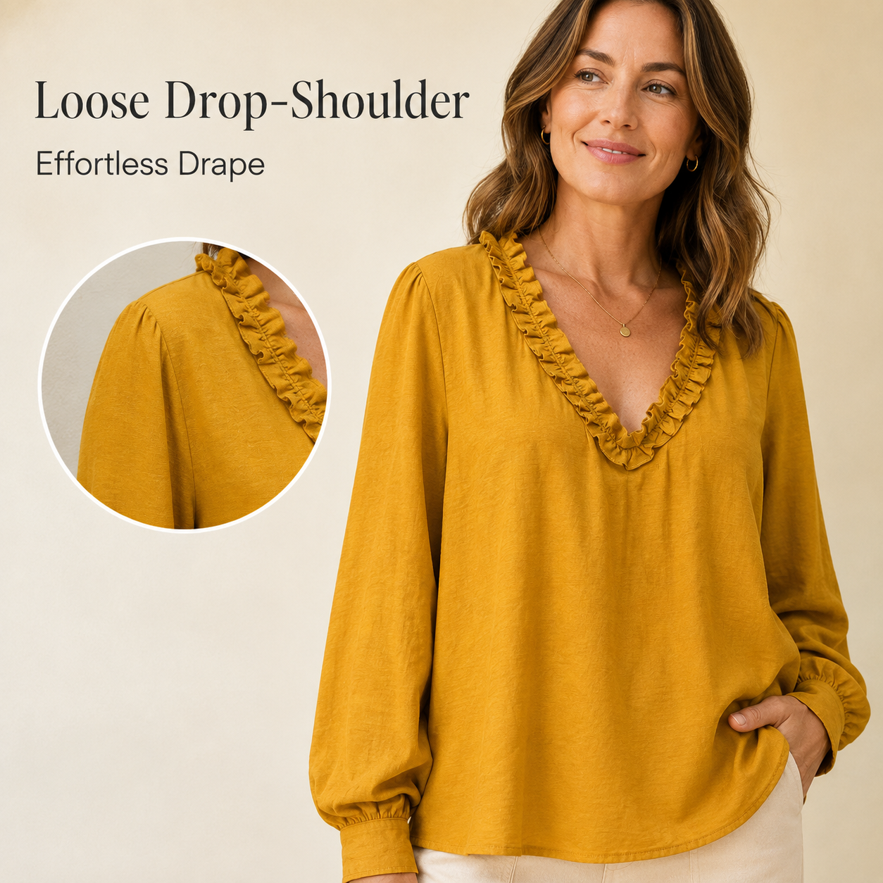 Women’s Boho Linen Blend Ruffled V-Neck Blouse
