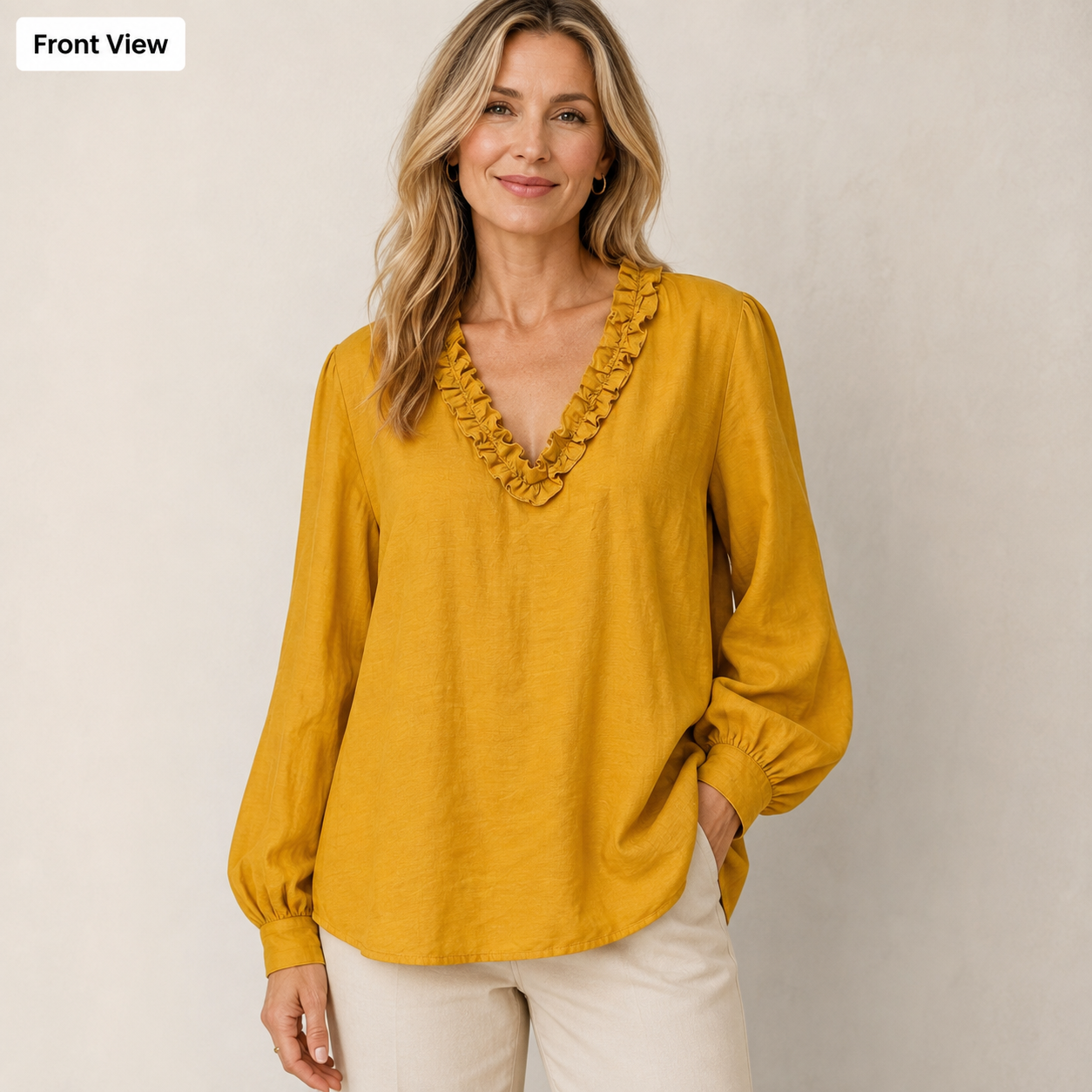 Women’s Boho Linen Blend Ruffled V-Neck Blouse