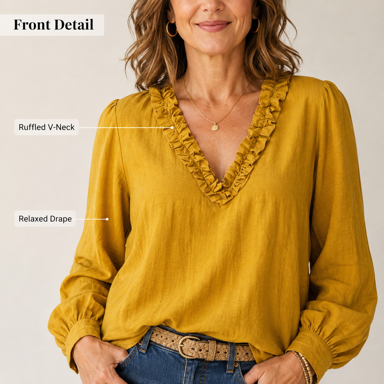Women’s Boho Linen Blend Ruffled V-Neck Blouse