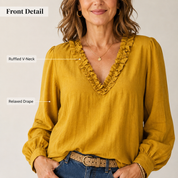 Women’s Boho Linen Blend Ruffled V-Neck Blouse