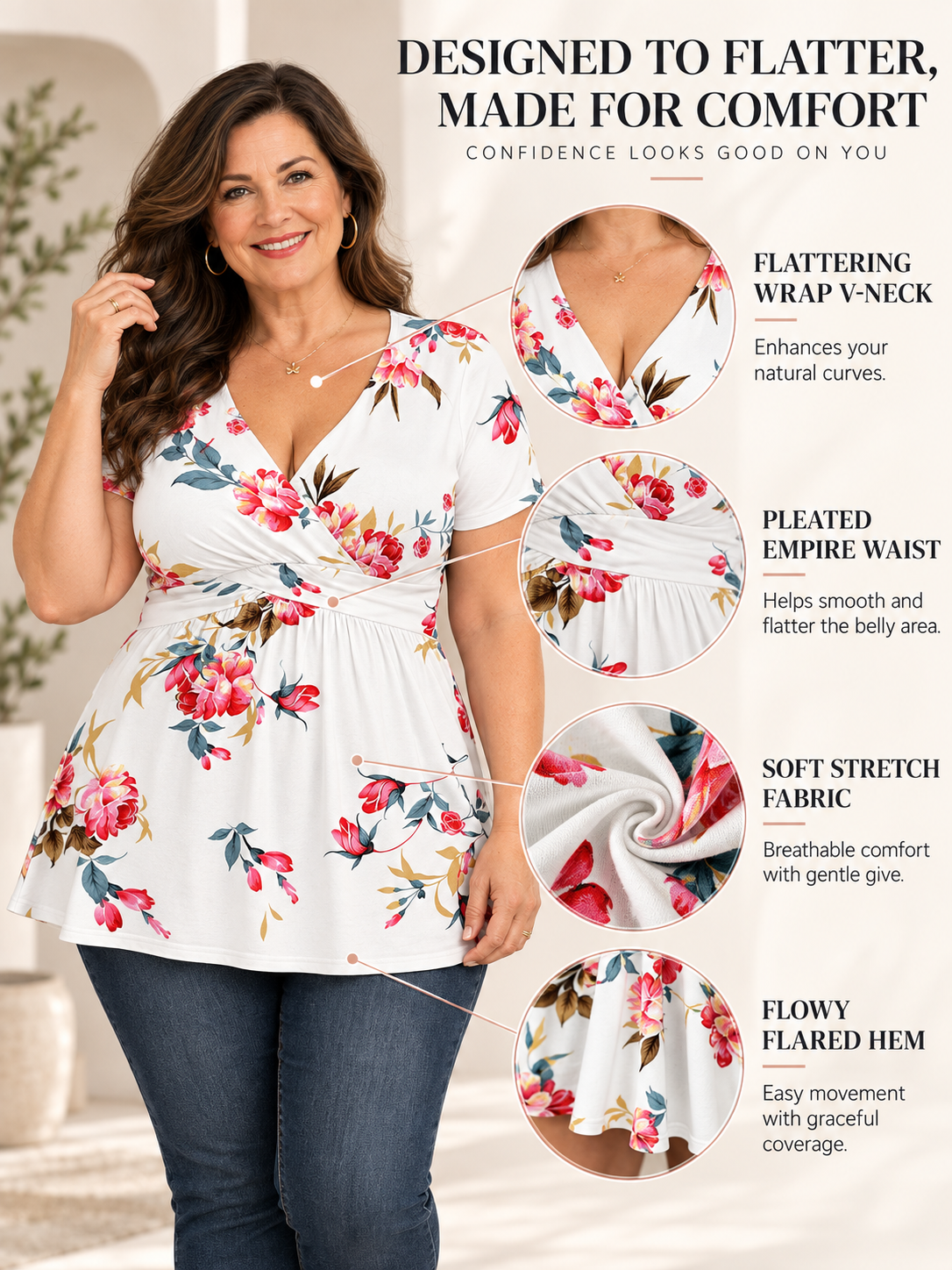 Women's Plus Size Floral Short Sleeve Wrap V-Neck Flowy Top