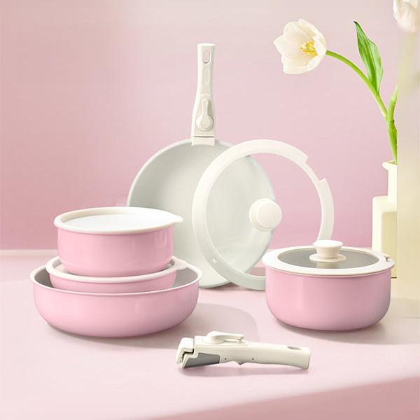 Nonstick Cookware Sets with Detachable Handle, Beige Kitchenware for Home Cooking Needs