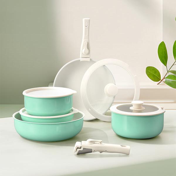 Nonstick Cookware Sets with Detachable Handle, Beige Kitchenware for Home Cooking Needs