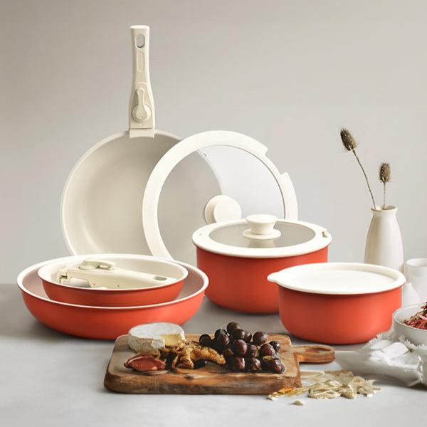 Nonstick Cookware Sets with Detachable Handle, Beige Kitchenware for Home Cooking Needs