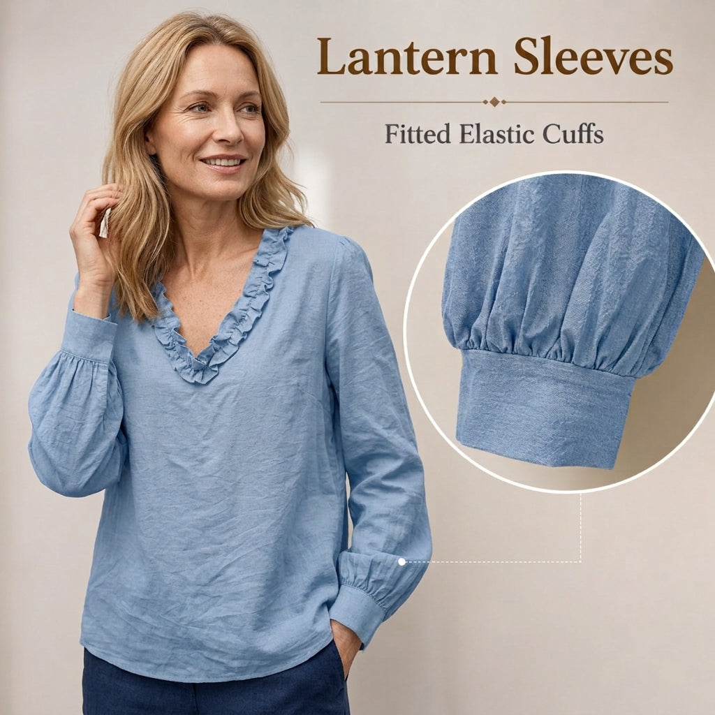 Women’s Boho Linen Blend Ruffled V-Neck Blouse