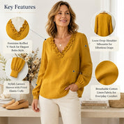Women’s Boho Linen Blend Ruffled V-Neck Blouse