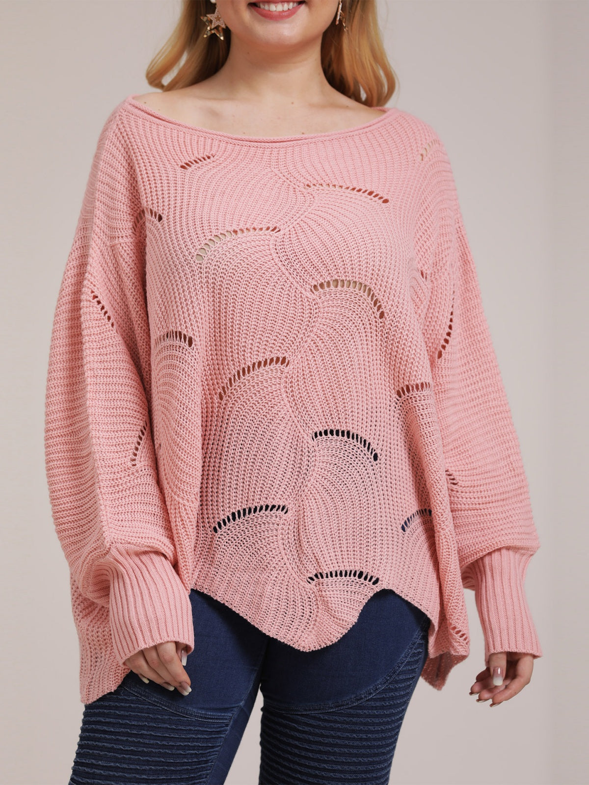 Bat-Sleeve Lantern Sleeve Hollow Woven Pullover Sweater