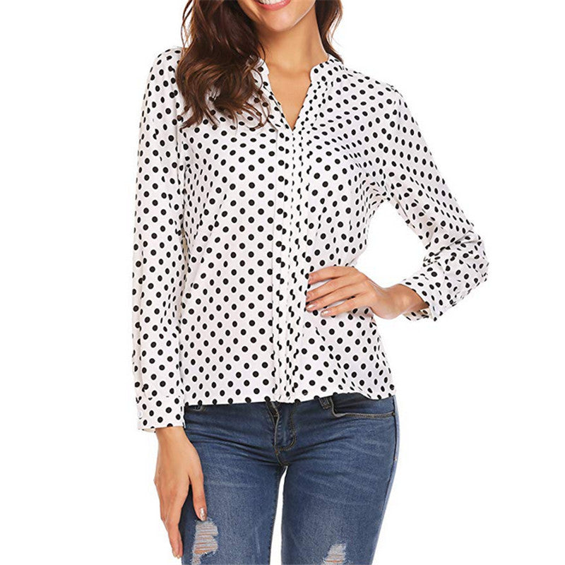 Women's Vintage Polka Dot V-Neck Long Sleeve Blouse