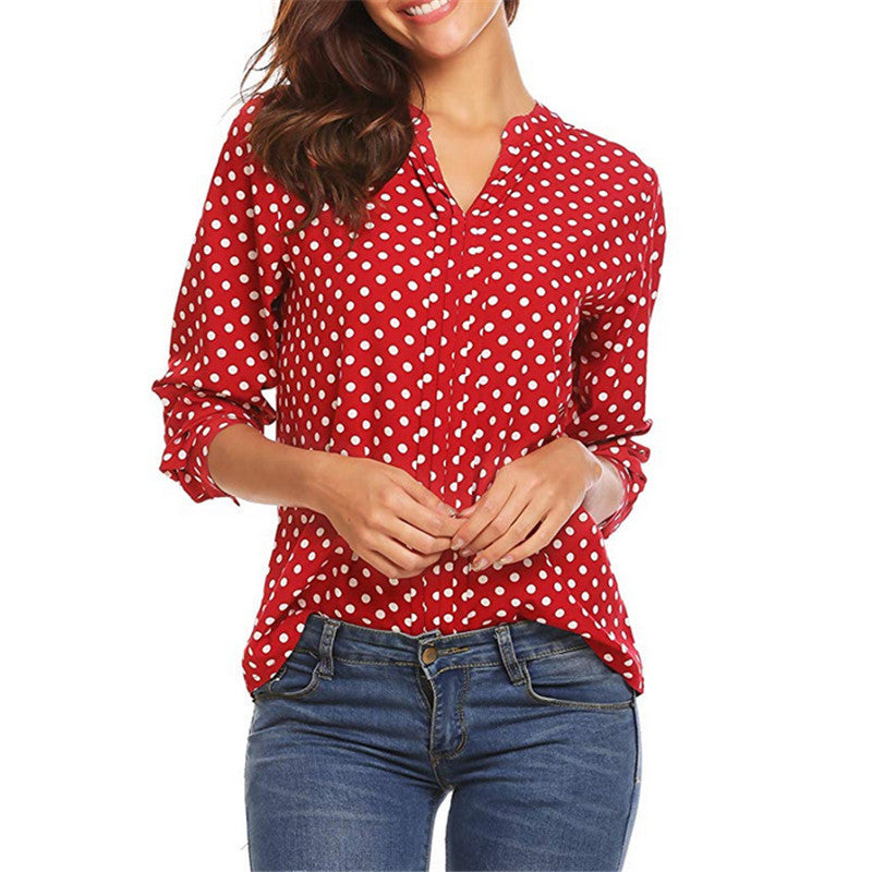 Women's Vintage Polka Dot V-Neck Long Sleeve Blouse