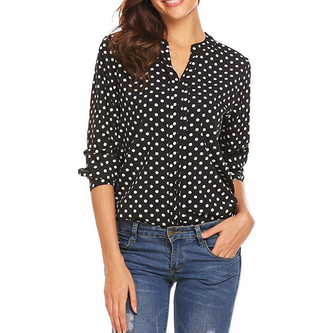 Women's Vintage Polka Dot V-Neck Long Sleeve Blouse