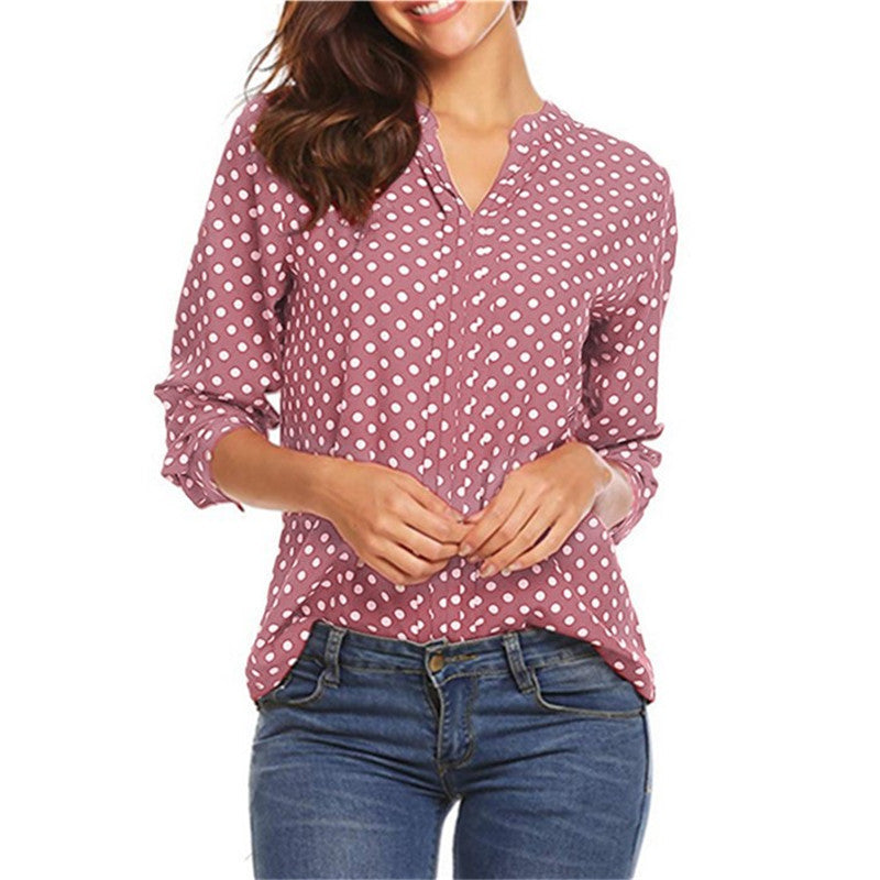 Women's Vintage Polka Dot V-Neck Long Sleeve Blouse