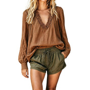 Women’s Boho Linen Blend Ruffled V-Neck Blouse