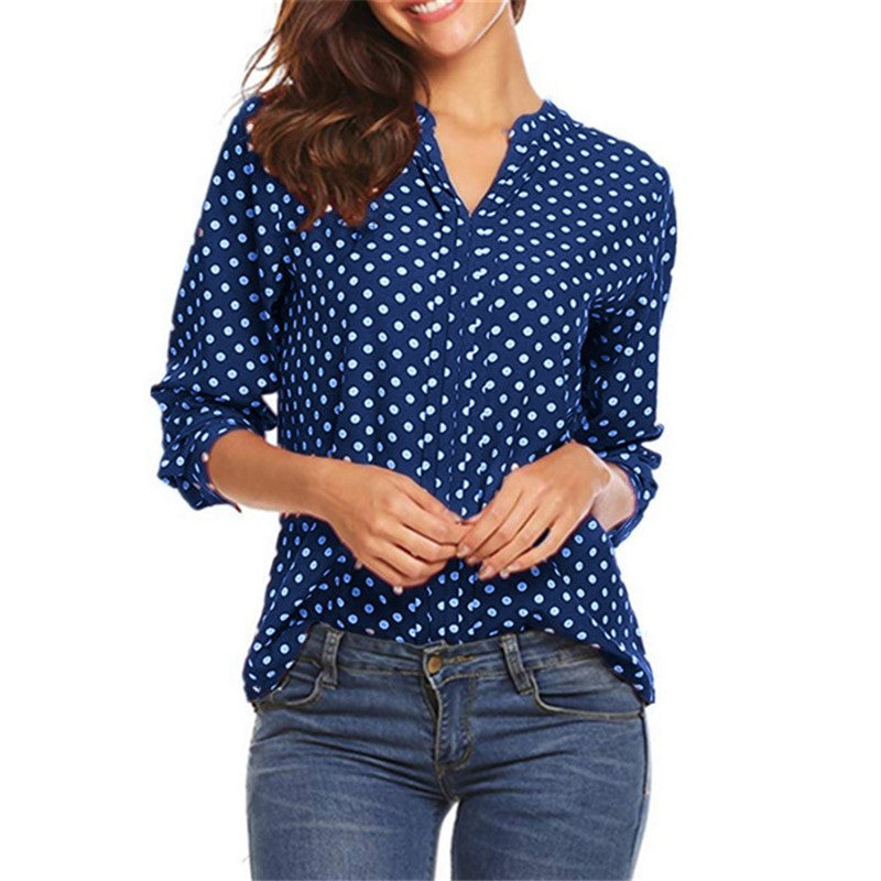 Women's Vintage Polka Dot V-Neck Long Sleeve Blouse
