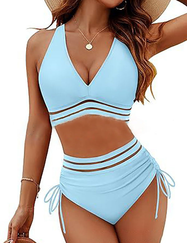 Women's Mesh Stripes High Waisted Bikini Set