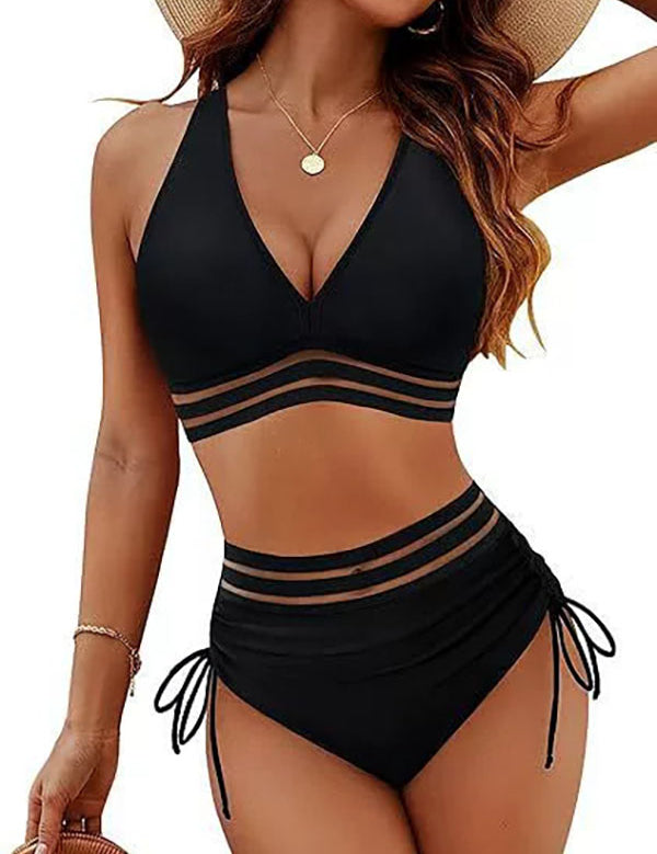 Women's Mesh Stripes High Waisted Bikini Set