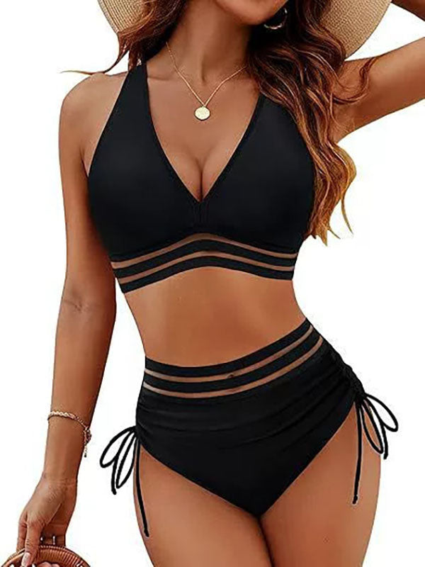 Women's Mesh Stripes High Waisted Bikini Set
