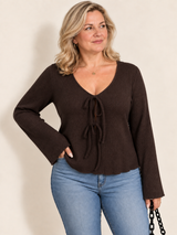 Elegant Front Tie Ribbed Knit Top
