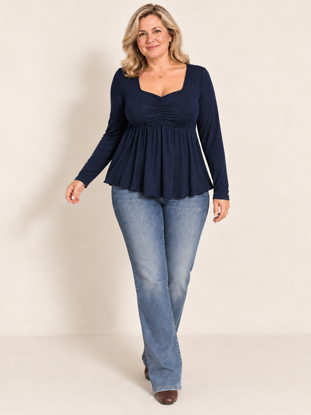 Sweetheart Ruched Bust Babydoll Long Sleeve Top