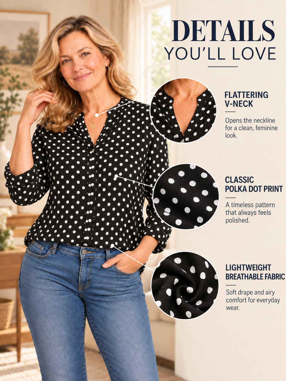 Women's Vintage Polka Dot V-Neck Long Sleeve Blouse