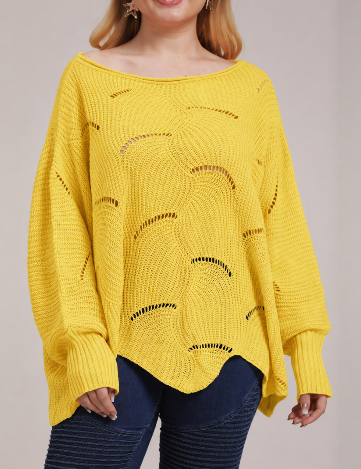 Bat-Sleeve Lantern Sleeve Hollow Woven Pullover Sweater
